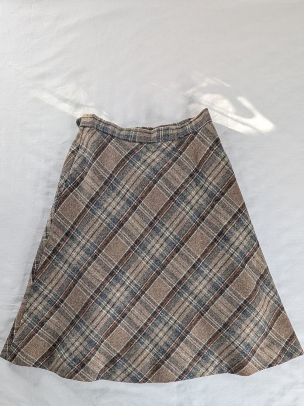 VTG Tan Brown Wool Plaid Lined A Line Dark Academia Midi Skirt 70s Side Pockets